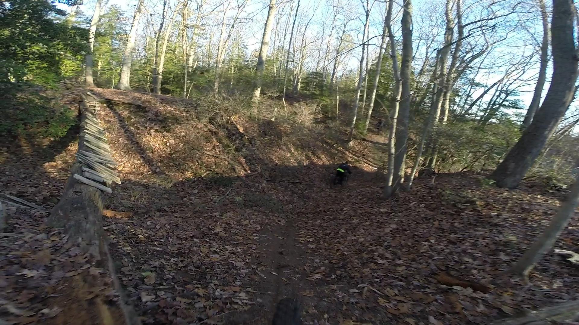 A narrow dirt trail winding through a forest, covered with fallen leaves. In the background, a lightly wooded slope is visible, with tall trees and sunlight filtering through the branches. A person in a black outfit with a bright yellow accessory is seen in the distance, walking along the path. Allaire State Park mountain bike trail.
