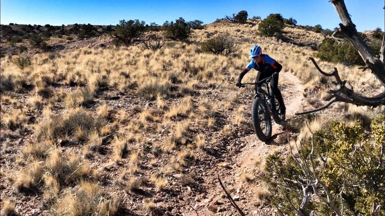 A mountain biker riding on a dirt trail in a hilly, dry landscape with tall grass and sparse vegetation under a clear blue sky. The cyclist is wearing a blue helmet and a colorful jersey, leaning forward as they navigate the terrain. Mariposa Fat Bike Trails mountain bike trail.