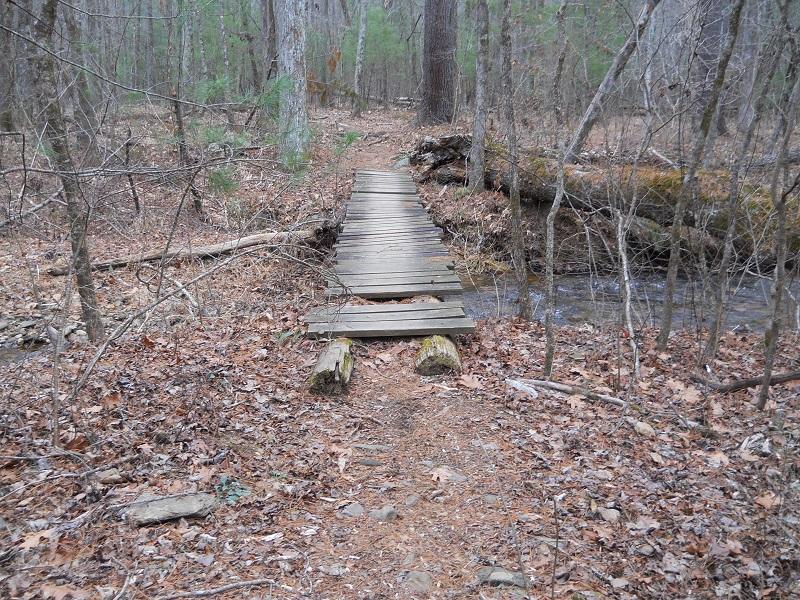 A wooden bridge spanning a small creek in a wooded area, surrounded by leaf-covered ground, sparse trees, and underbrush, indicating a natural hiking path. Etowah River Trail mountain bike trail.