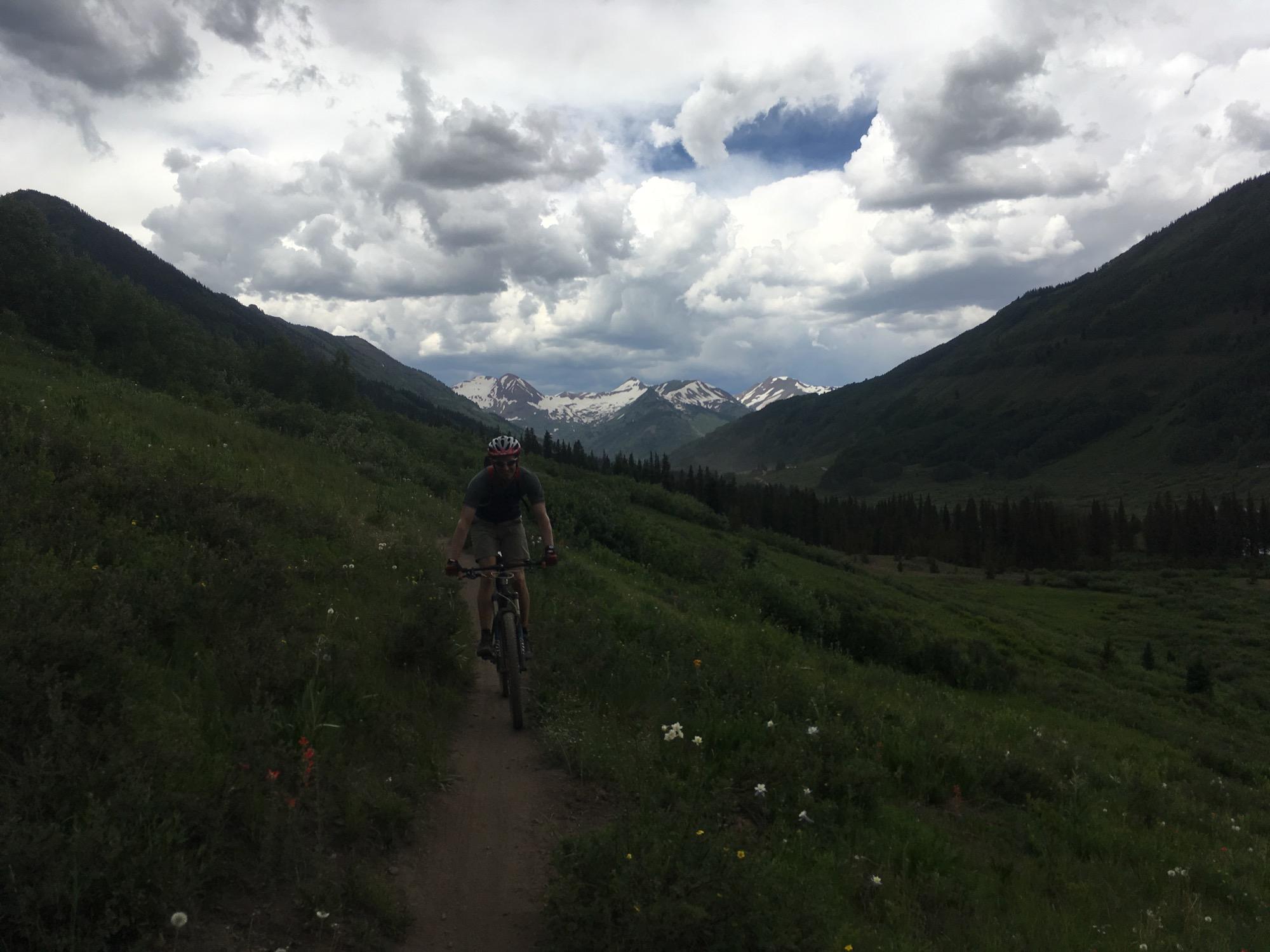 A mountain biker riding along a dirt trail through a lush green landscape, with rolling hills and snow-capped mountains in the background under a cloudy sky. Upper Lower Loop mountain bike trail.