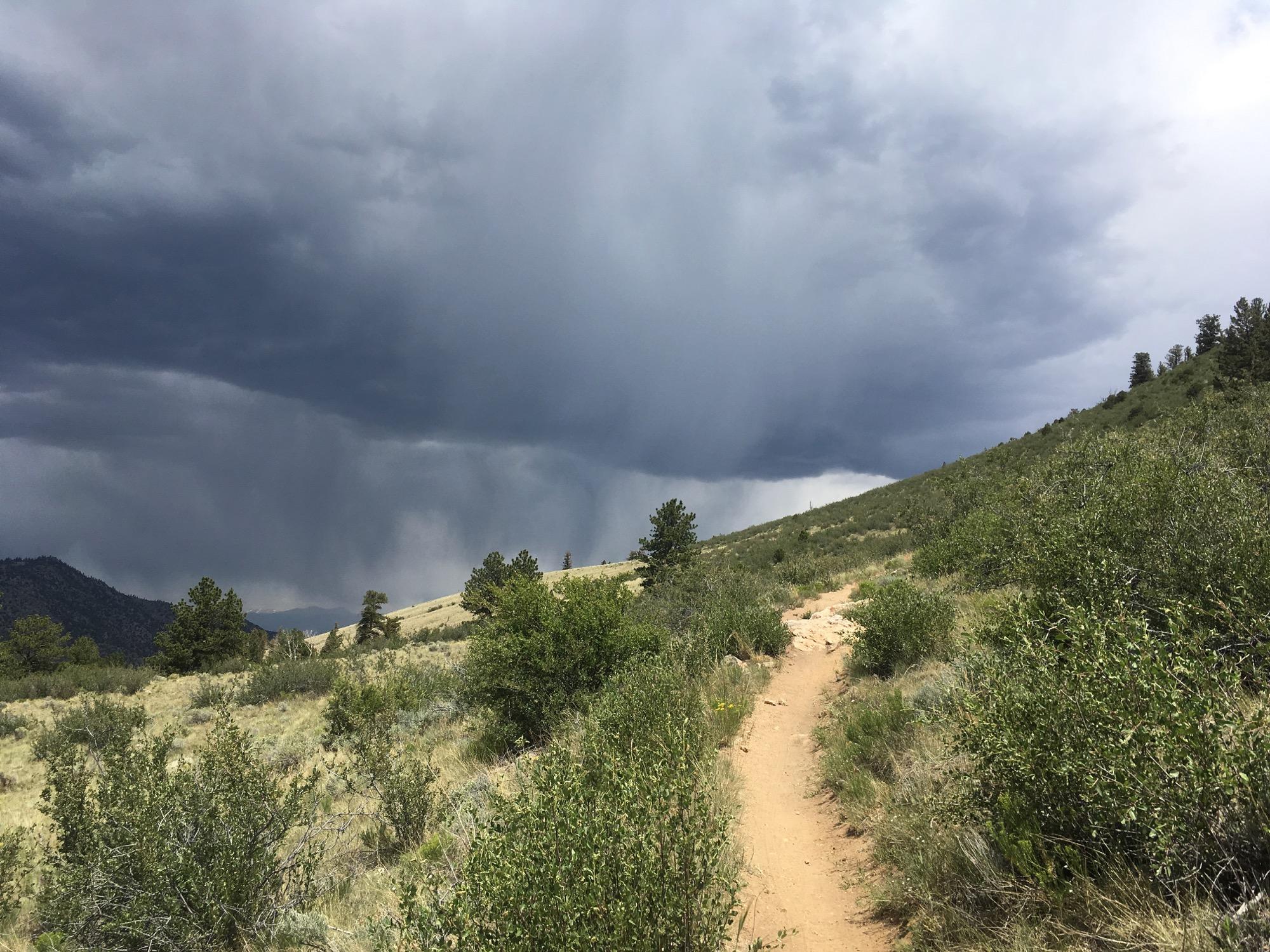 A dirt path winding through lush greenery, leading up a hill under a moody sky filled with dark, threatening clouds. The scenery includes rolling hills and sparse trees against a backdrop of distant mountains. Rainbow Trail: Hwy 285 to Methodist Mountain Thd mountain bike trail.