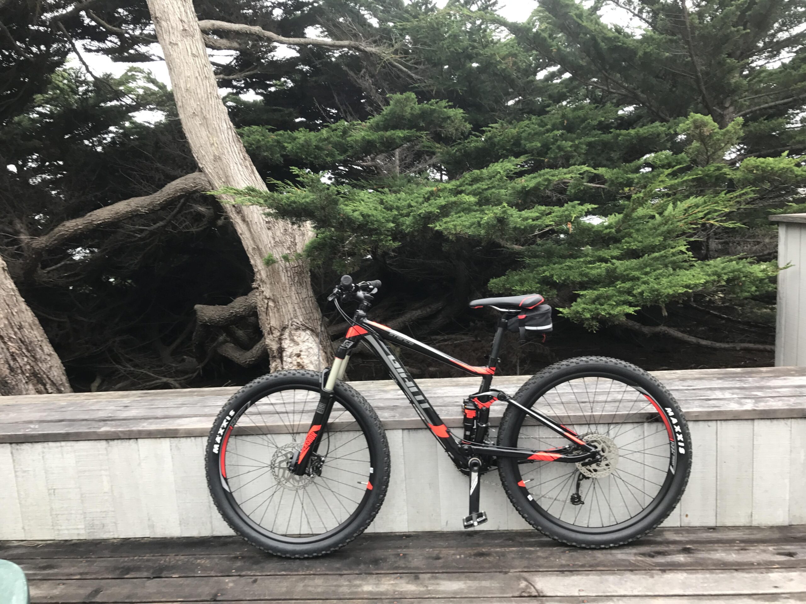 Giant Stance 27.5 2: A mountain bike with a sleek black and red design, resting on a wooden deck surrounded by lush green trees.