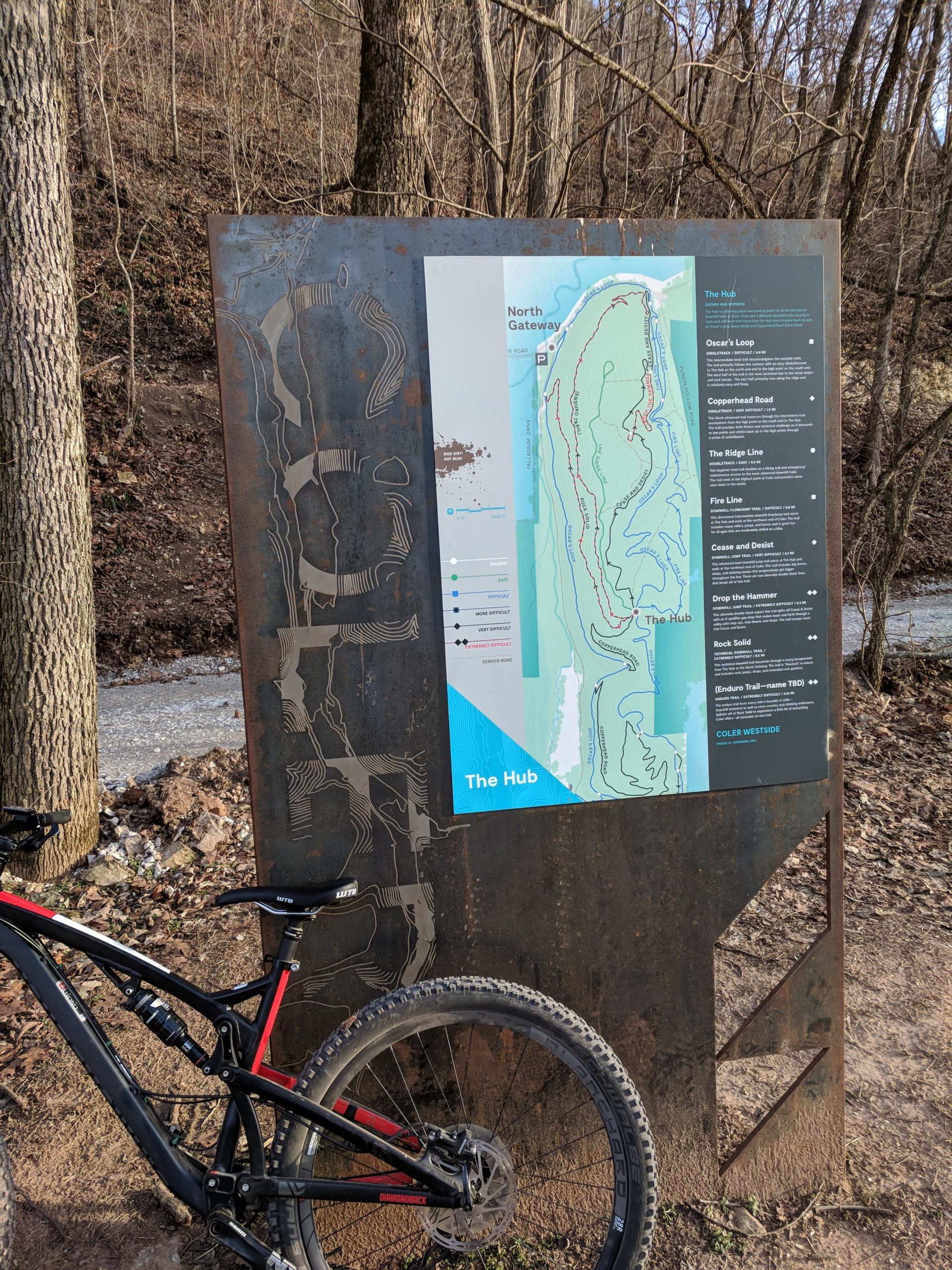 A metal information sign displaying a map of mountain biking trails at "The Hub," with a focus on the North Gateway area. The sign features trail names and difficulty levels, alongside a black mountain bike with red accents resting against it. Surrounding scenery includes bare trees and a gravel path. Coler Mountain Bike Preserve mountain bike trail.