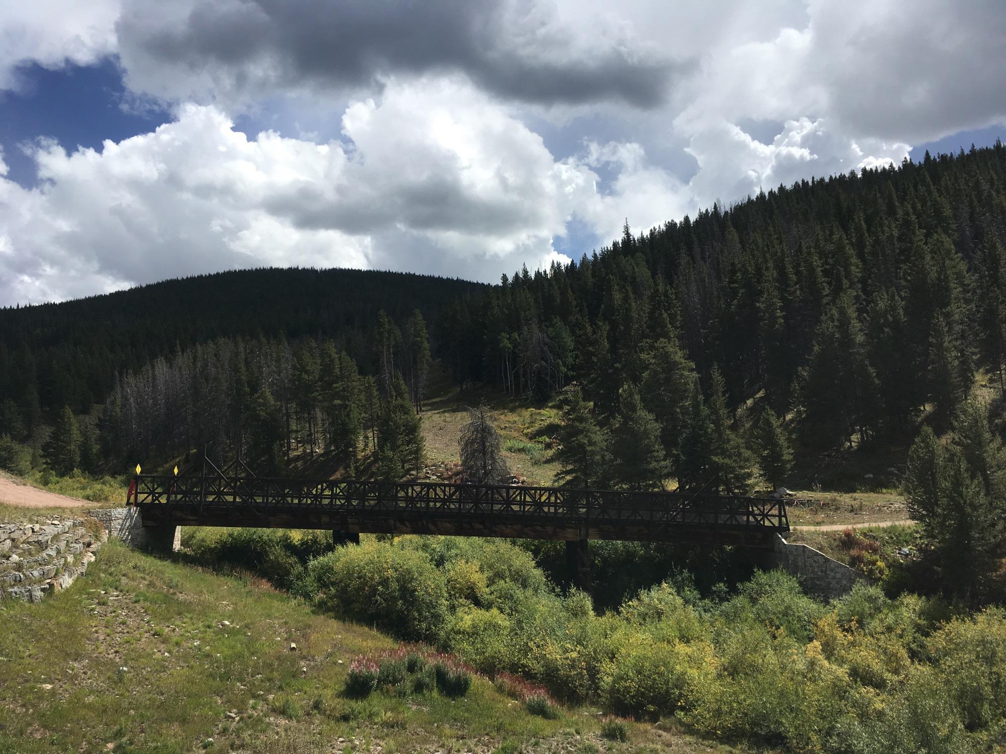A wooden bridge spans a lush green valley surrounded by dense coniferous forests under a partly cloudy sky. The scene showcases a picturesque landscape with rolling hills and vibrant vegetation. Starvation Creek mountain bike trail.