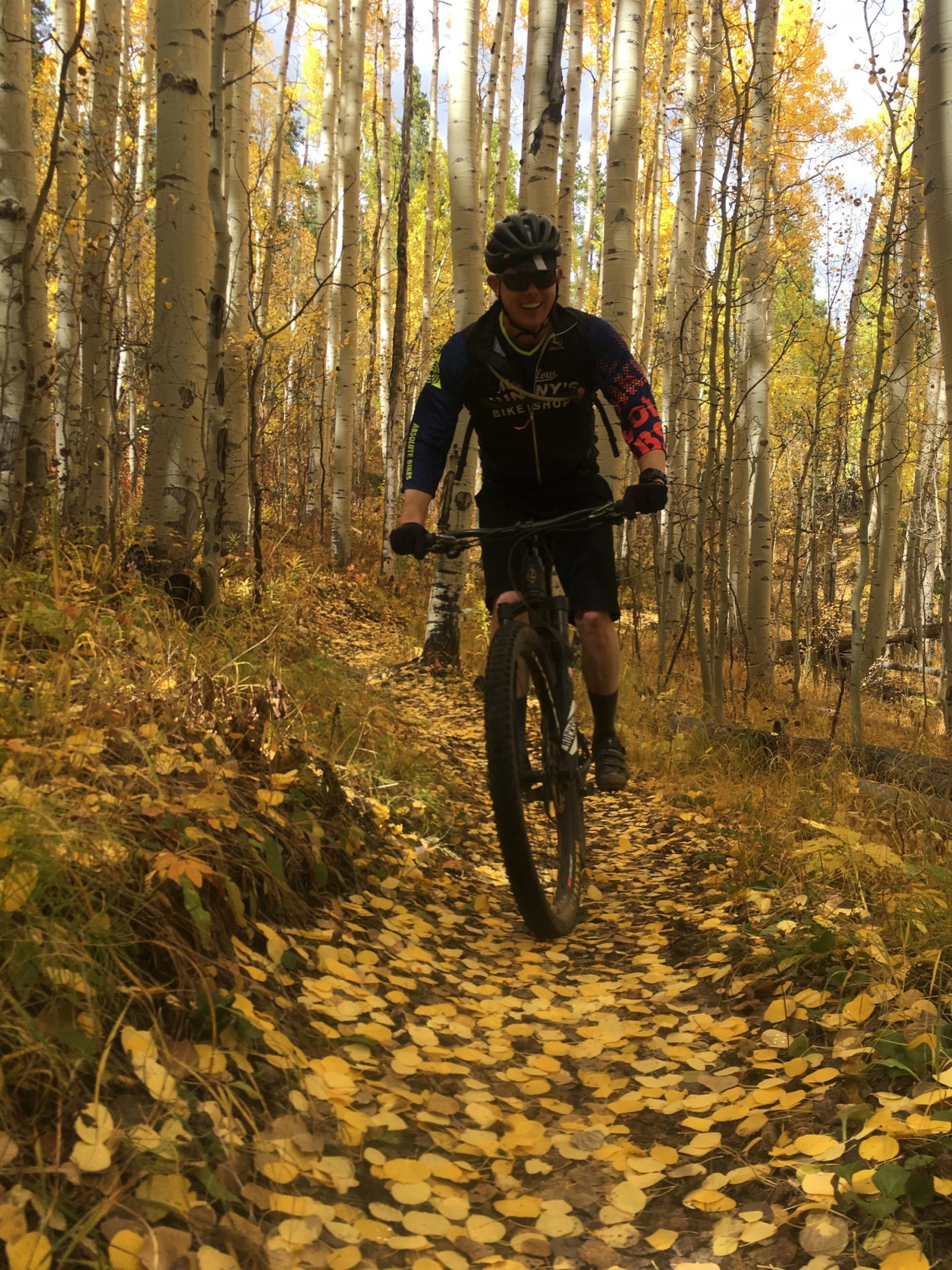 A cyclist riding a mountain bike along a narrow trail covered with yellow autumn leaves, surrounded by tall aspen trees with golden foliage. The cyclist is wearing a helmet and a colorful long-sleeve jersey, smiling as they navigate the scenic path. Colorado Trail: Clear Creek Thd to Lake View CG / Hwy 82 mountain bike trail.