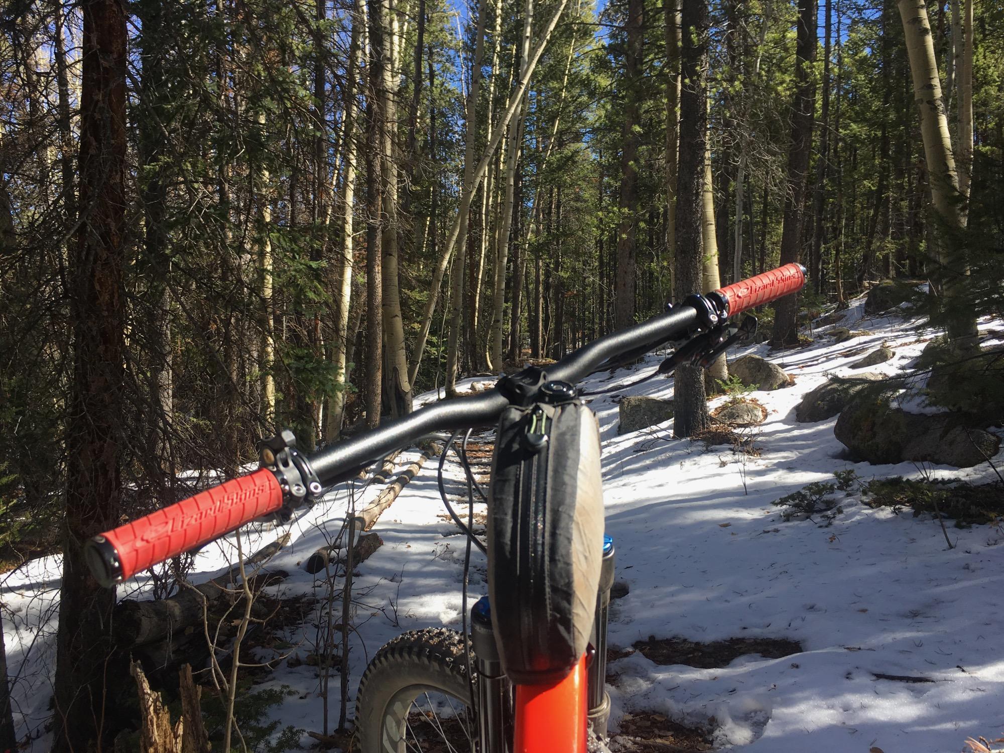 A close-up view of the handlebars of a mountain bike, featuring red grips and a gear shifter, set against a forest backdrop. The ground is partially covered in snow, and trees with green foliage and bare branches surround the path, indicating a mix of winter and spring conditions. Colorado Trail: Mt. Shavano thd to Chalk Creek thd mountain bike trail.