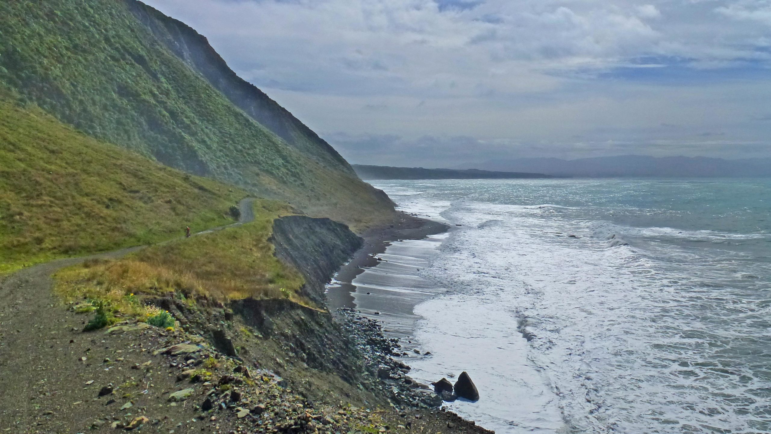 A scenic coastline featuring a gravel path winding along a grassy hill, with waves gently lapping at the shore. The hillside is lush and green, and the ocean glimmers under a partly cloudy sky. A figure is visible walking along the path, with distant mountains faintly seen on the horizon. Wild Coast Track mountain bike trail.