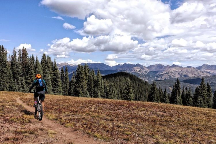A cyclist in an orange helmet rides along a dirt path through a high mountain landscape, surrounded by tall evergreen trees and expansive views of rugged mountain peaks under a blue sky with fluffy white clouds.