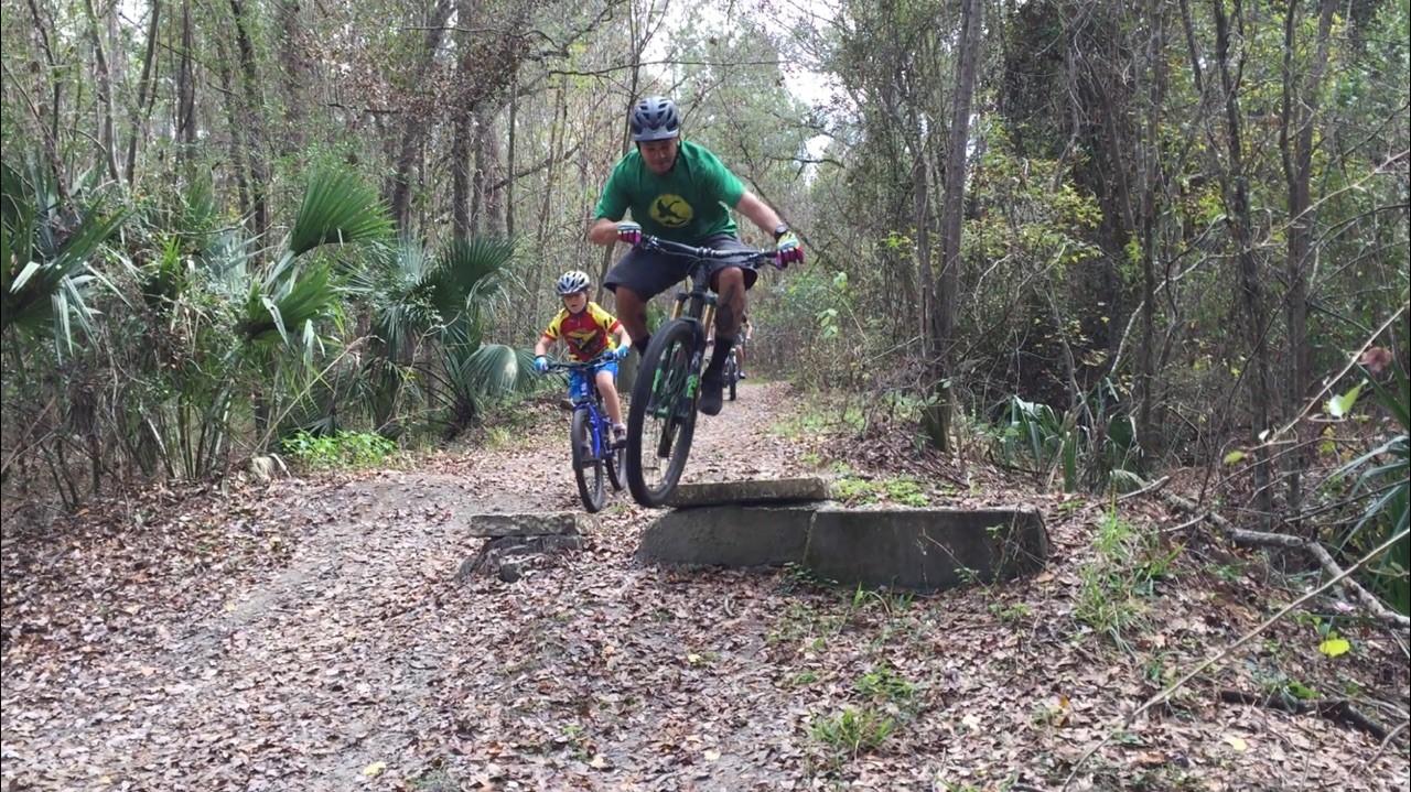 A man and a child are riding mountain bikes along a dirt trail in a wooded area. The man, wearing a green shirt and a helmet, is in mid-air as he jumps over a low stone barrier, while the child in a colorful jersey trails closely behind. Surrounding them are trees and greenery, with fallen leaves covering the ground. Tillie Fowler Regional Park mountain bike trail.