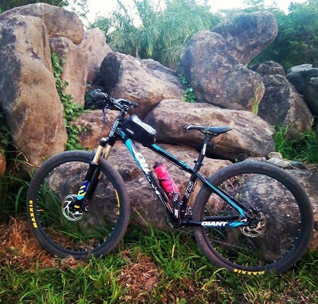 Giant ATX 27.5 2: A mountain bike leaning against a large rock formation, surrounded by grass and foliage. The bike has thick tires, a pink water bottle attached to the frame, and features a black and blue color scheme. The scene captures a natural outdoor setting.
