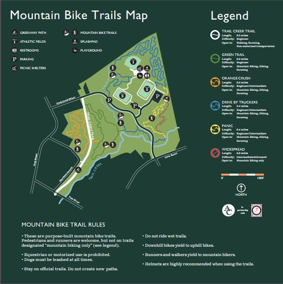 Alt text: "Map of mountain bike trails featuring various trail types, facilities like restrooms and picnic shelters, and a legend indicating different trail classifications and rules for use." Trail Creek Park mountain bike trail.