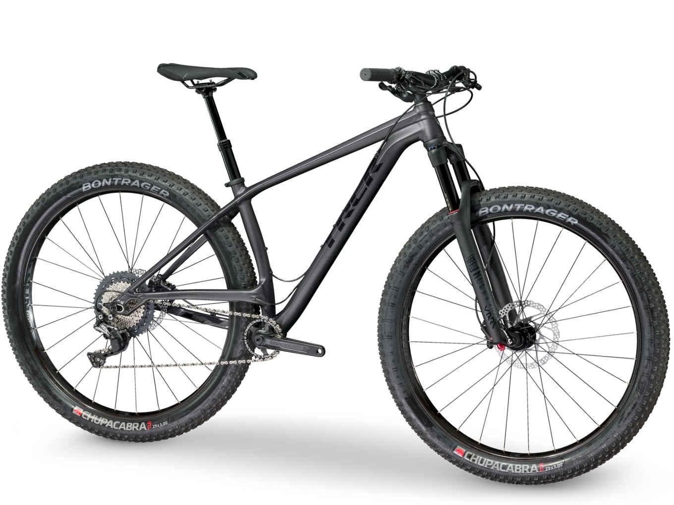 Trek Stache: Alt text: A black mountain bike with wide tires and a sleek frame, featuring Bontrager branding on the tires. The bike has a dropper seat post and a front suspension fork, positioned against a plain background.