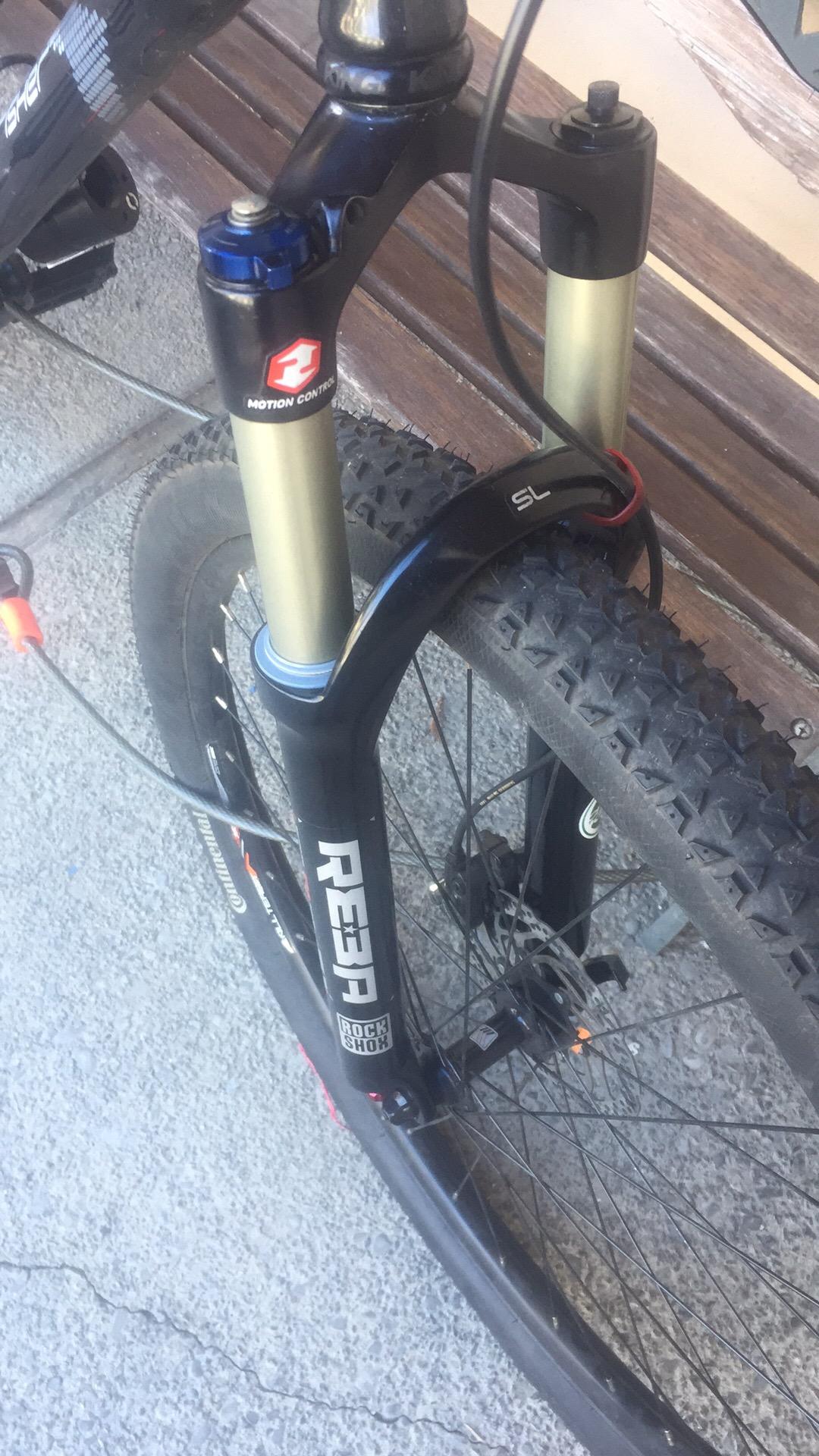 Gary Fisher Rig 29er: Close-up of a mountain bike's front suspension fork, featuring a black and gold design with branding from RockShox, focusing on the Motion Control feature. The knobby tire is visible, along with part of the bike's frame, set against a textured gray surface.