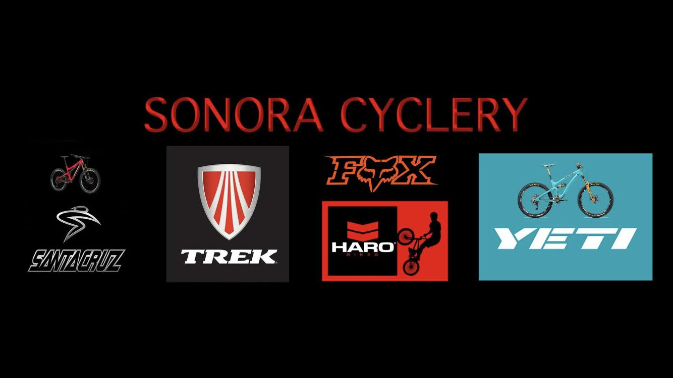 Image featuring the text "Sonora Cyclery" prominently displayed in red, centered at the top. Below the text are logos from various cycling brands: a mountain bike graphic, the Santa Cruz logo, the Trek logo, the Fox logo, the Haro Bikes logo, and the Yeti logo, all arranged on a black background.