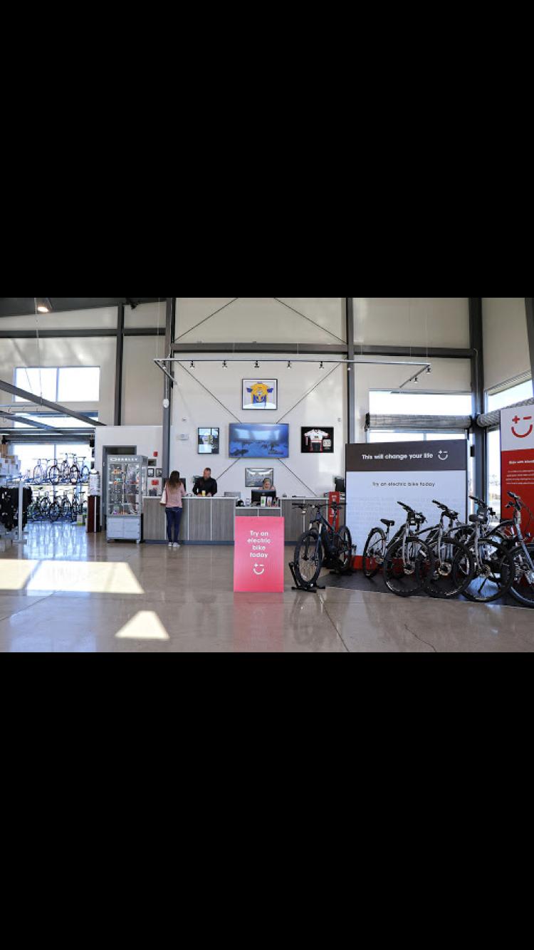 A spacious bike shop interior featuring a reception area with a counter and employees. In the foreground, several electric bikes are on display, and a prominent sign invites customers to try an electric bike. The walls are adorned with framed pictures and merchandise displays, creating a modern and inviting atmosphere.
