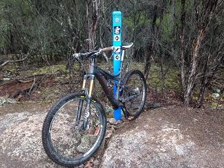 Pivot Mach 6 Carbon: A mountain bike parked beside a blue trail marker in a wooded area. The marker includes various trail signs, surrounded by dense greenery.