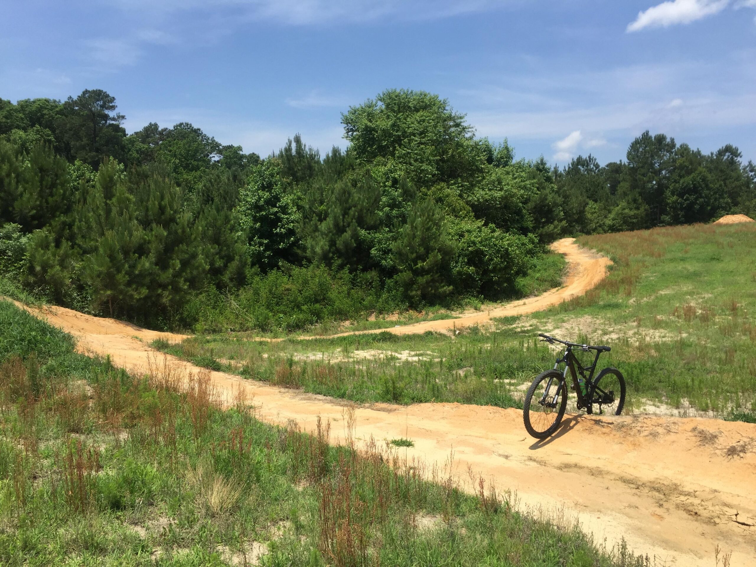 Specialized Camber 29: A scenic view of a dirt biking trail winding through a lush green landscape, with a mountain bike parked on the trail. The sky is blue with a few clouds, and the surroundings are filled with trees and grass.