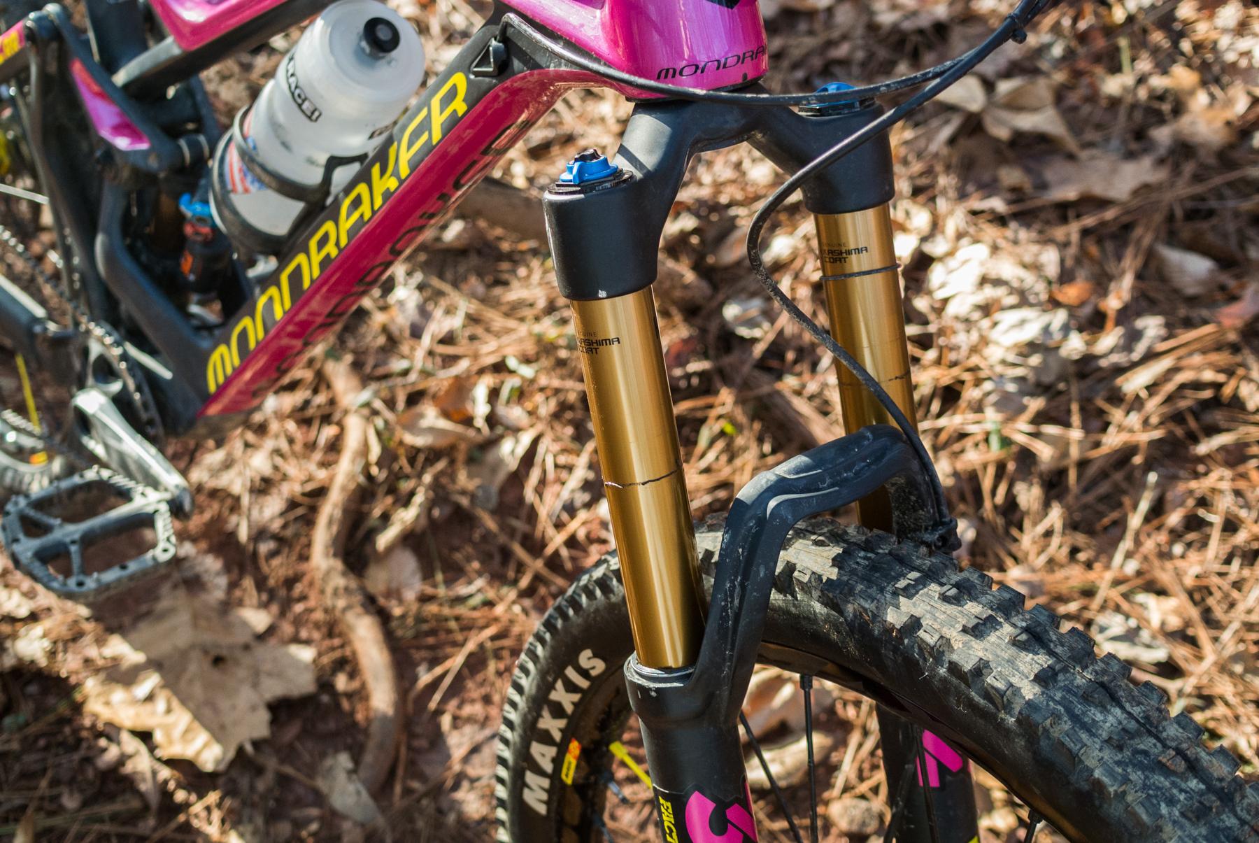 Mondraker Dune: A close-up view of a mountain bike front fork, featuring gold suspensions and a pink frame with black and yellow accents. In the background, pine needles and brown leaves are visible, indicating an outdoor trail setting. A water bottle is also mounted on the bike frame.
