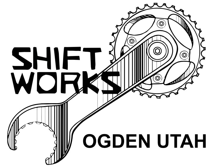 Logo featuring the text "SHIFT WORKS" above a bicycle crankset and wrench design, with "OGDEN UTAH" underneath. The illustration is in a bold, black and white style, emphasizing the biking and repair theme.