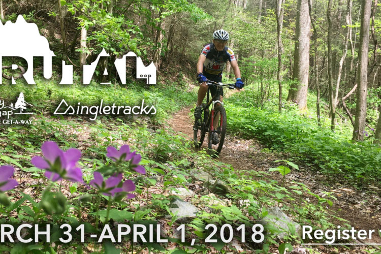 A mountain biker rides along a twisting dirt trail in a lush green forest, surrounded by blooming wildflowers. The image promotes the BRUTAL event taking place from March 31 to April 1, 2018, organized by Mulberry Gap and Singlettracks, with a call to action to register.