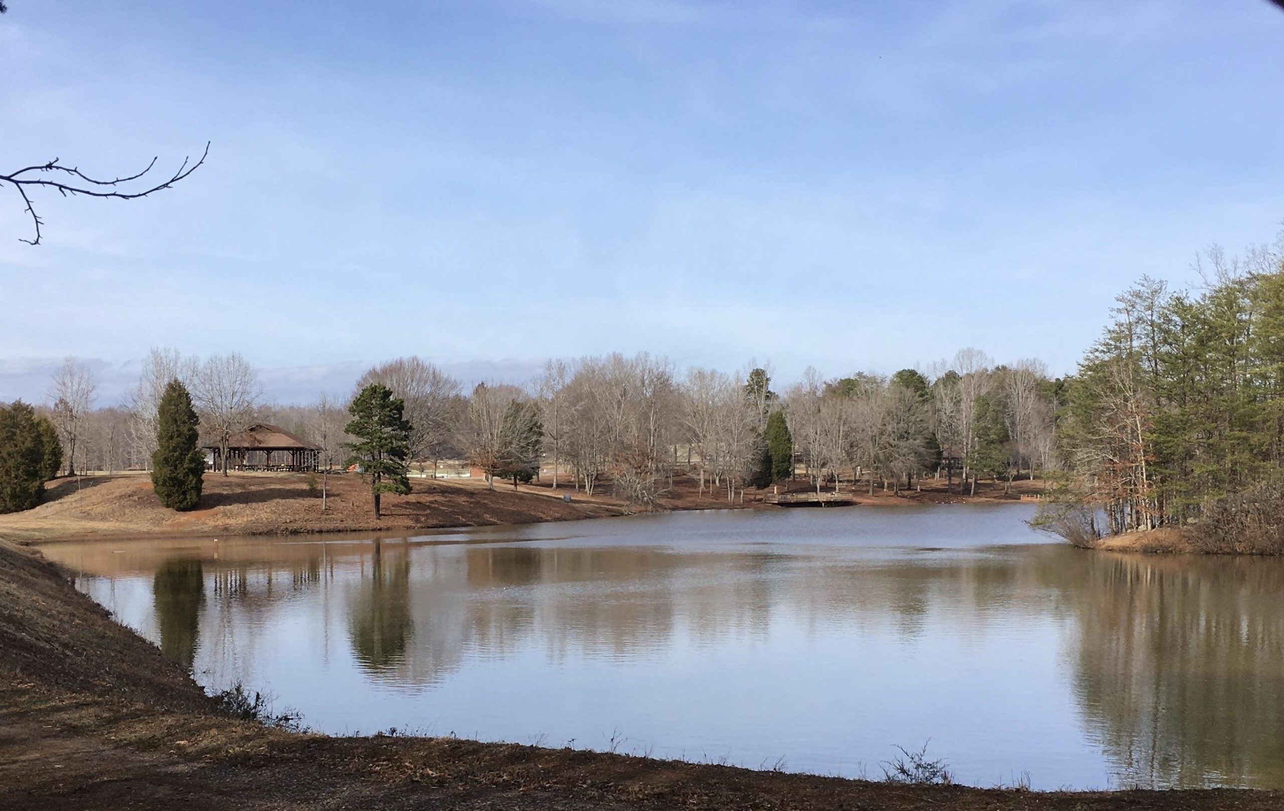 A serene landscape featuring a calm lake surrounded by trees, with a wooden gazebo visible in the background. The scene is set under a clear blue sky, reflecting the tranquility of the natural environment. The shoreline shows brown earth with a few patches of grass, and the water mirrors the scenery, creating a peaceful atmosphere. Farris Park mountain bike trail.