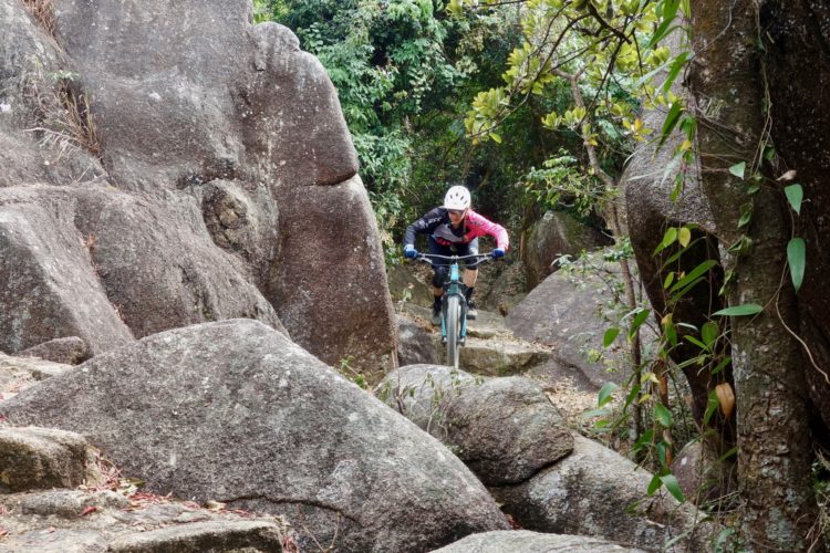 A mountain biker navigating a rocky trail surrounded by lush greenery, showcasing skillful maneuvering over large stones.