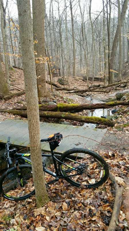 A mountain bike rests beside a wooden bridge in a forested area. Surrounding the bike are fallen leaves and bare trees, indicative of early spring or late autumn. A small stream can be seen flowing nearby, with moss-covered logs creating a natural landscape. The scene is tranquil and showcases a connection to nature. Patapsco Valley State Park (Avalon Area) mountain bike trail.