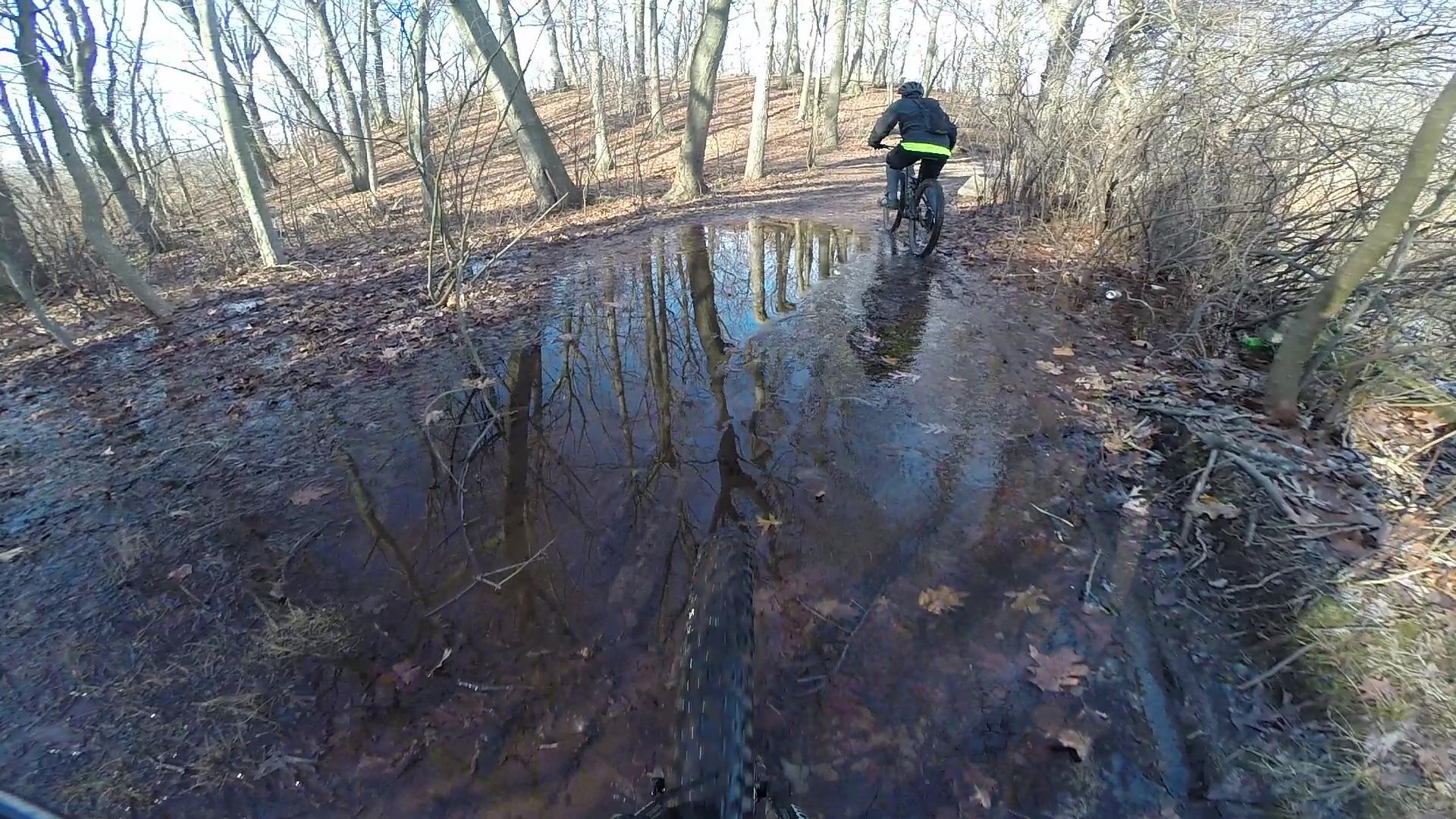 A cyclist riding along a muddy trail in a wooded area, with a puddle reflecting the trees and autumn leaves surrounding the path. Richmond Avenue and Forest Hill road mountain bike trail.