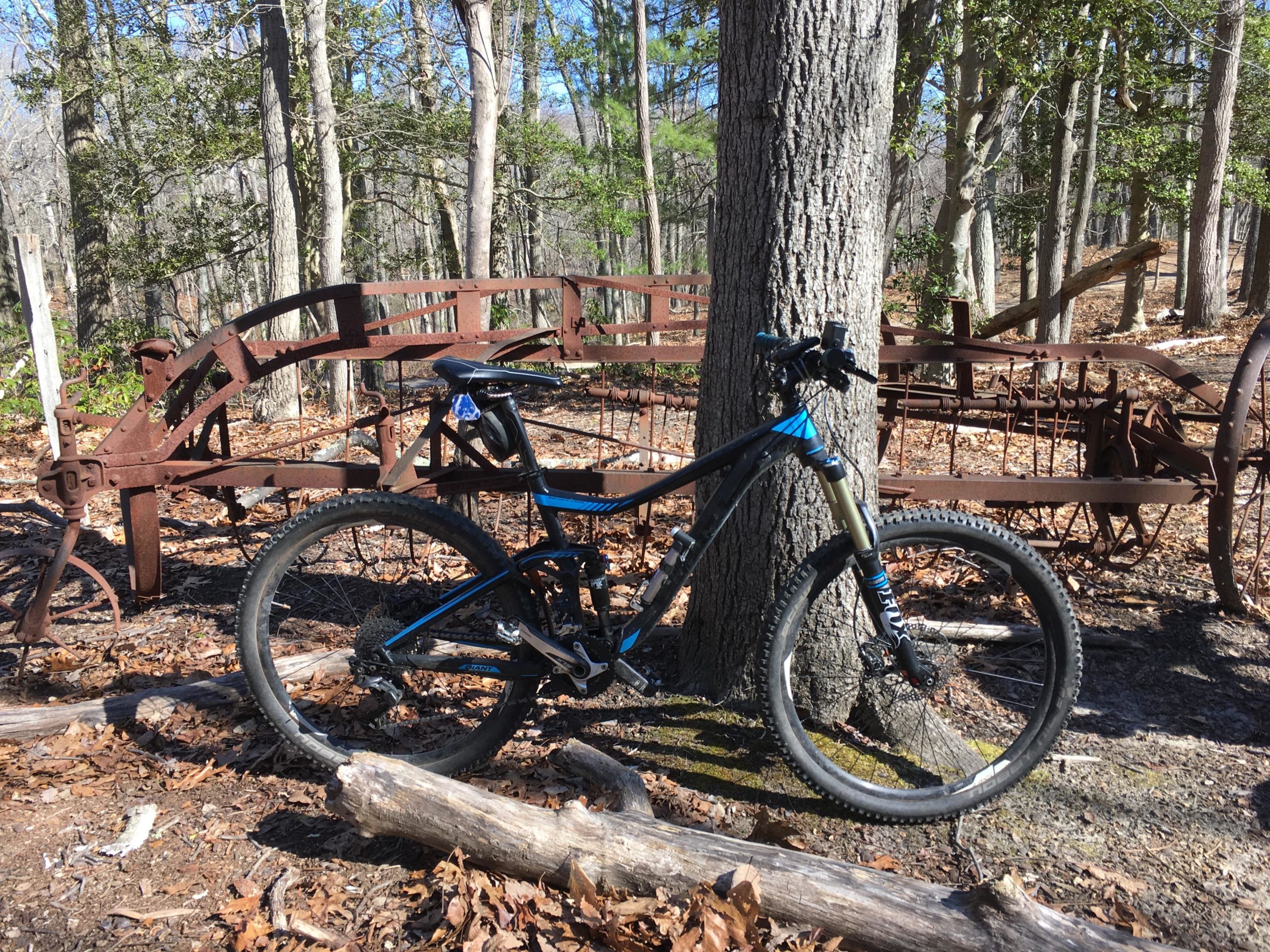 A mountain bike resting against a tree in a forested area, with rusted agricultural machinery visible in the background. The ground is covered with dry leaves and small logs, and sunlight filters through the trees. Allaire State Park mountain bike trail.