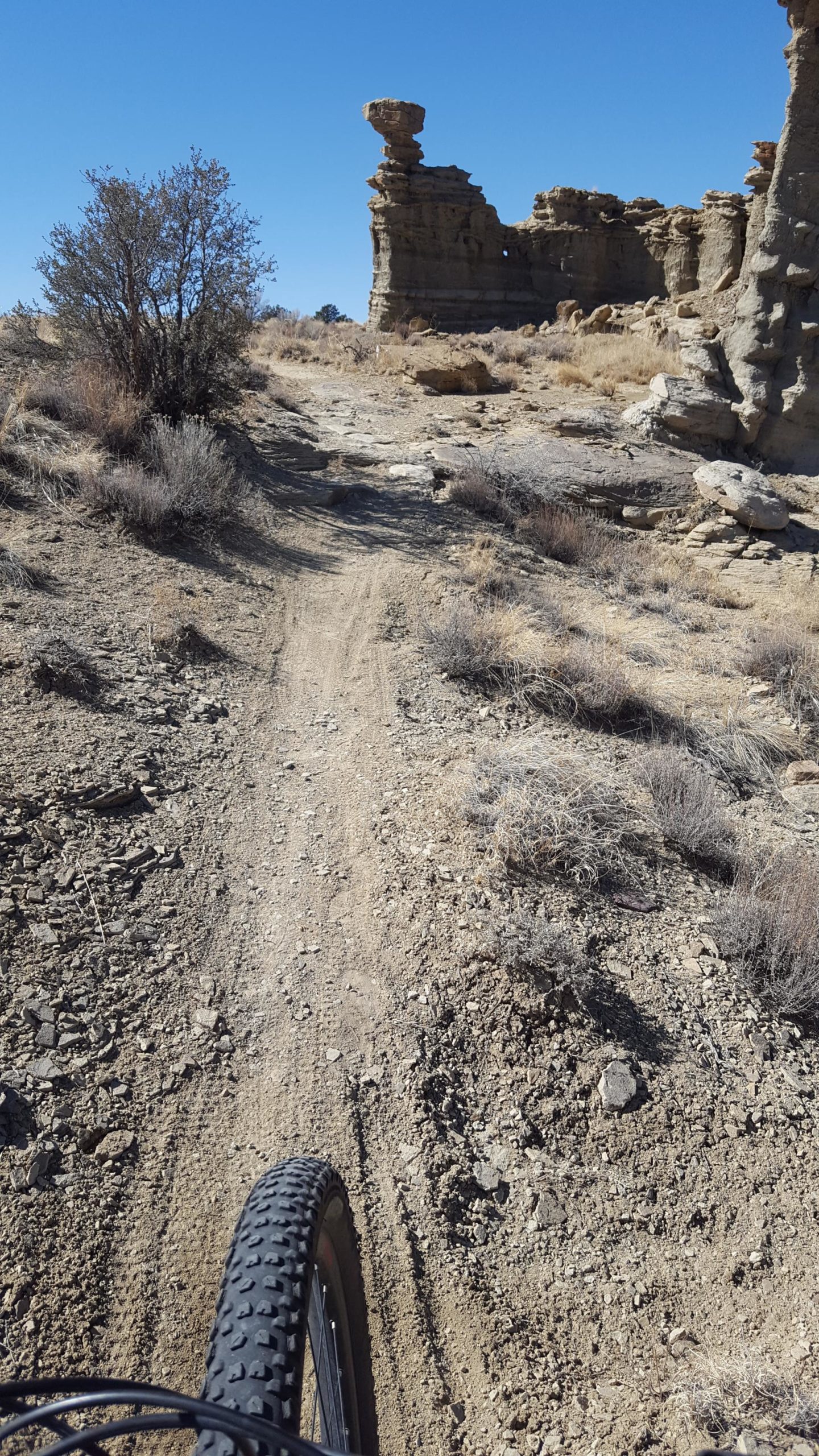 A mountain biking trail winding through a rocky landscape, with a clear blue sky overhead. In the background, distinctive rock formations rise prominently, alongside patches of dry grass and sparse vegetation. The image shows the perspective from a bike tire on the dirt path, emphasizing the rugged terrain of the trail. High Desert Trail System mountain bike trail.