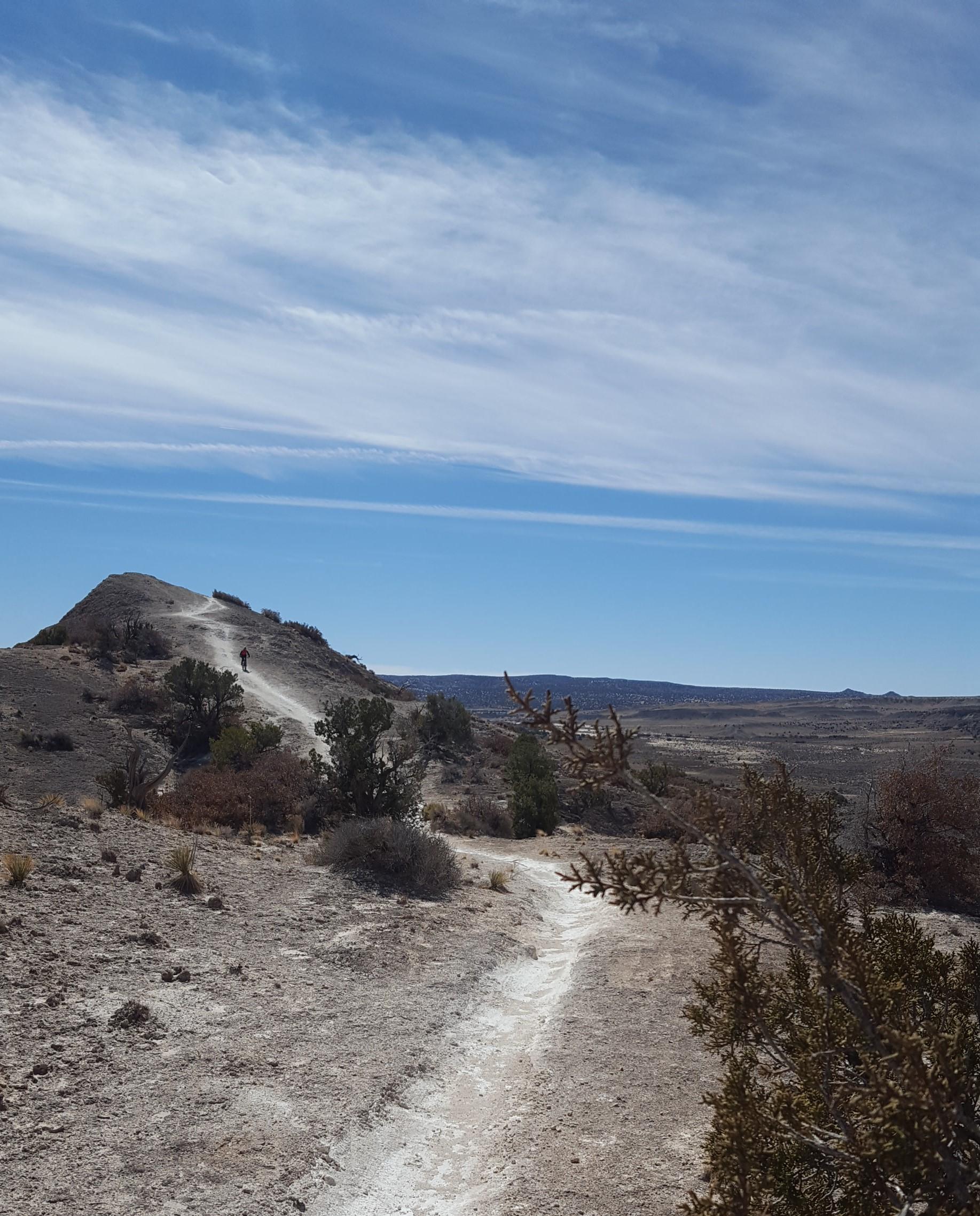 A winding dirt trail leads up a rocky incline under a clear blue sky, with distant hills and sparse vegetation visible in the background. The landscape is dry and arid, showcasing the natural beauty of the rugged terrain. White Ridge Bike Trails mountain bike trail.
