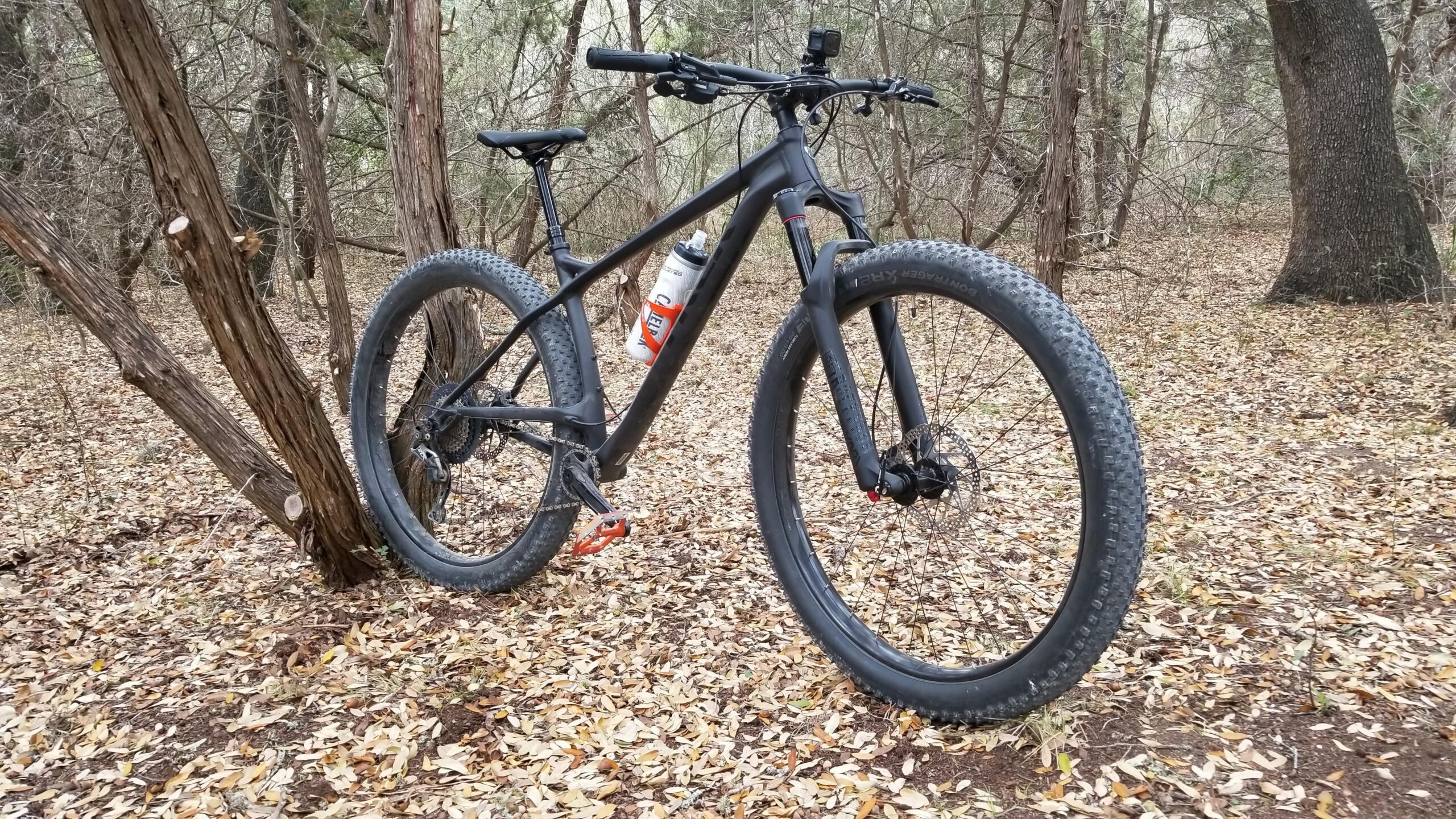 Trek Stache: A black mountain bike resting against a tree in a forested area covered with dry leaves. A water bottle is attached to the bike frame. The scene is surrounded by trees and natural foliage, suggesting an outdoor setting for biking.