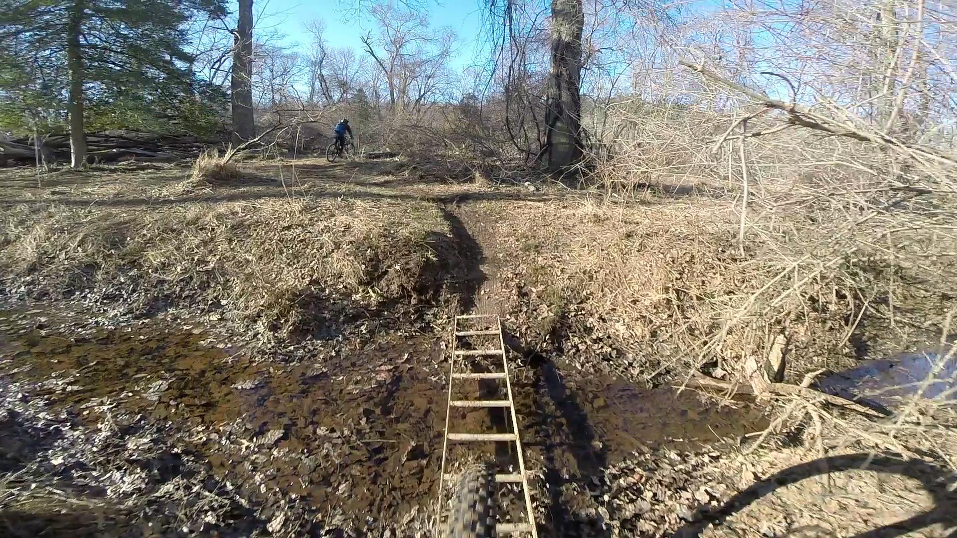 A narrow wooden bridge spans a small creek in a wooded area, surrounded by dry leaves and underbrush. In the background, a person on a bicycle rides along a trail under a clear blue sky. Allaire State Park mountain bike trail.