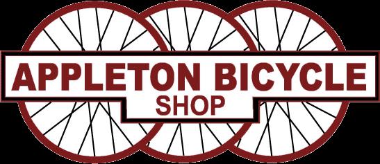Logo of Appleton Bicycle Shop featuring three bicycle wheels in red with a white background, and the text "APPLETON BICYCLE SHOP" prominently displayed in bold red letters.