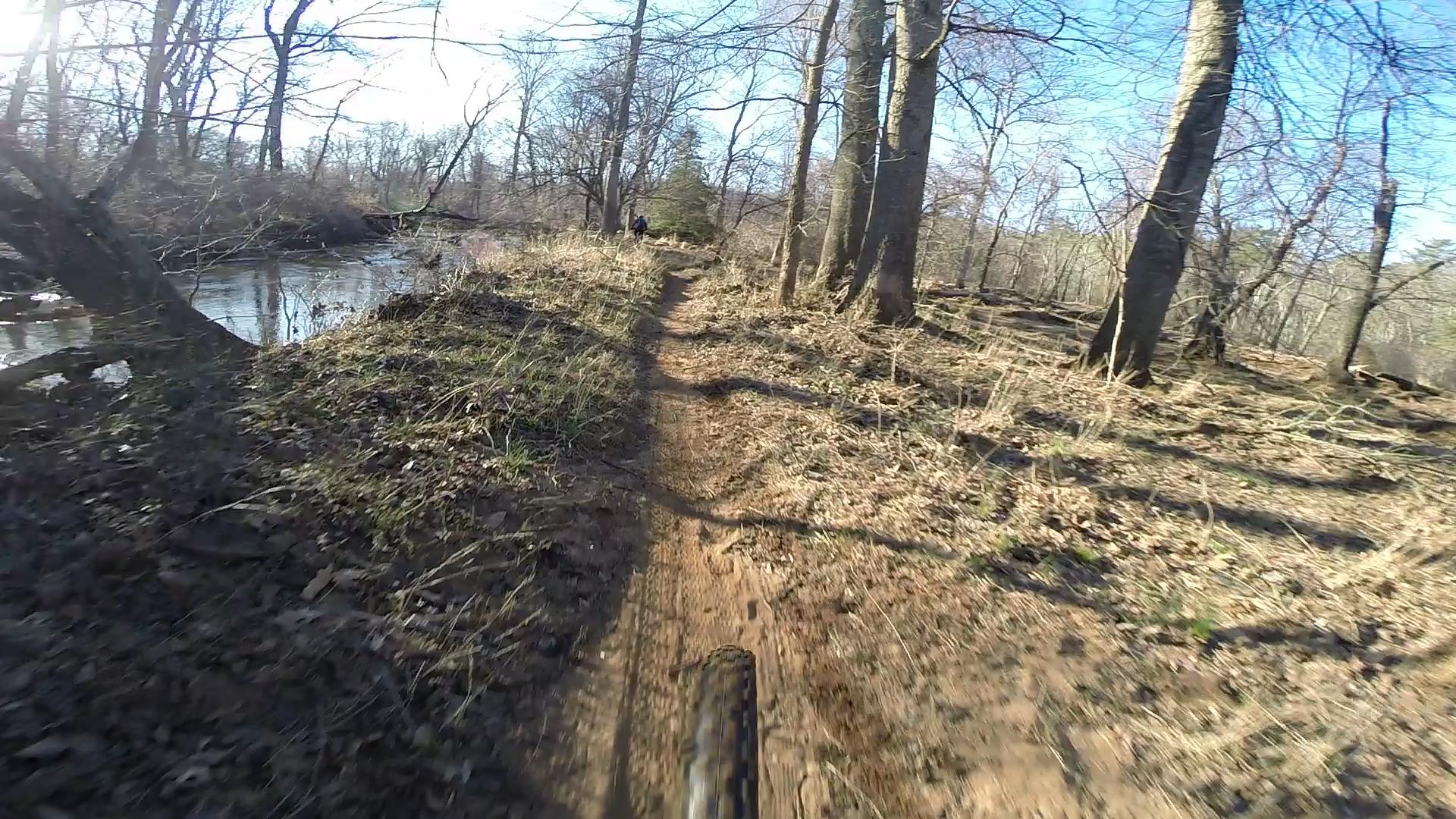 A close-up view of a mountain bike tire on a dirt trail winding through a wooded area, with a stream visible on the left. The scene is illuminated by sunlight, casting shadows from the trees and dried grass surrounding the path. Allaire State Park mountain bike trail.