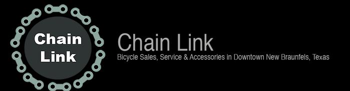 Logo for Chain Link, a bicycle sales, service, and accessories shop located in downtown New Braunfels, Texas. The design features a bicycle chain graphic and text in bold letters on a black background.