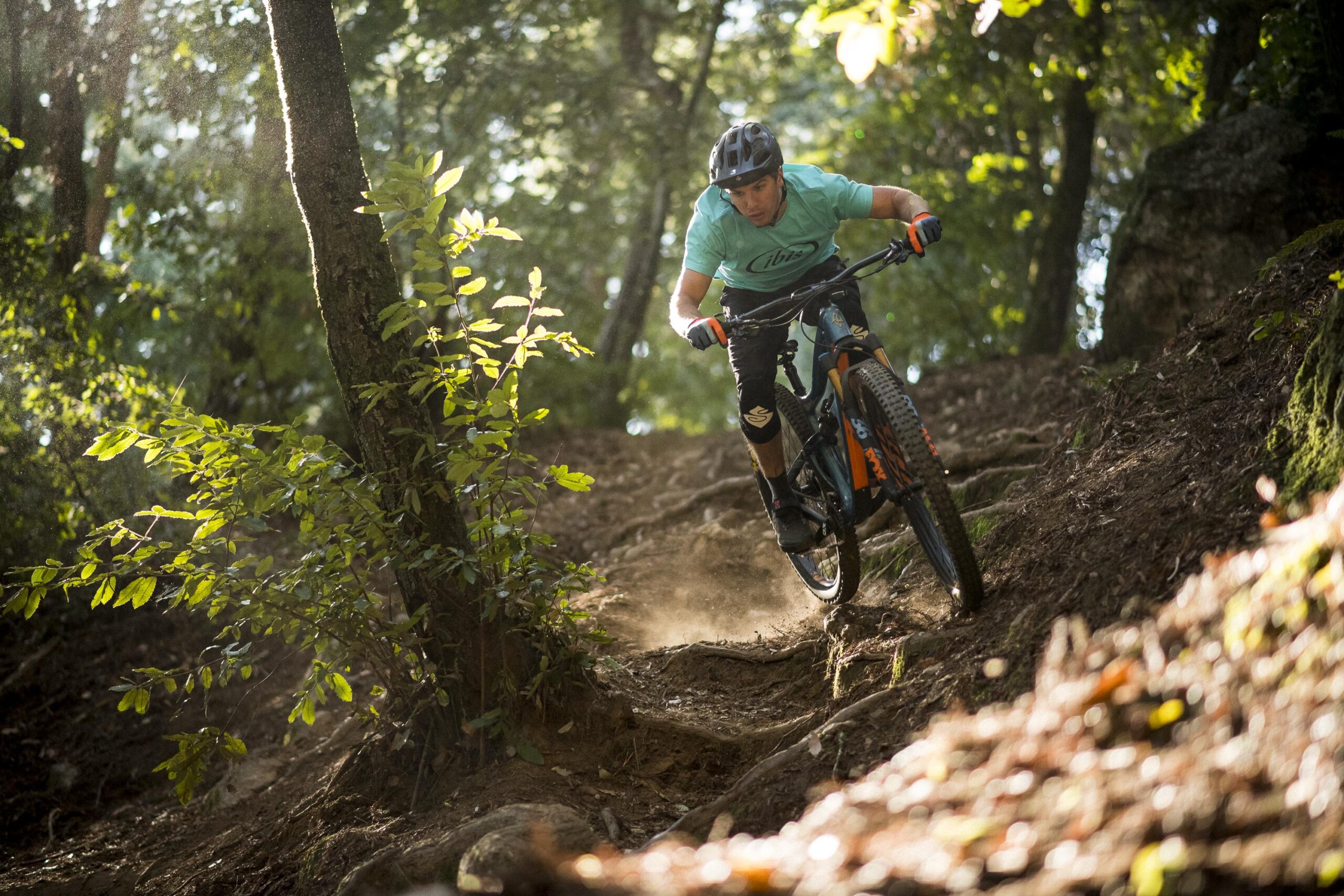 Ibis RipMo: A mountain biker navigating a dirt trail surrounded by trees, dust being kicked up as he leans into a turn. Sunlight filters through the foliage, highlighting the greenery and creating a dynamic outdoor scene.