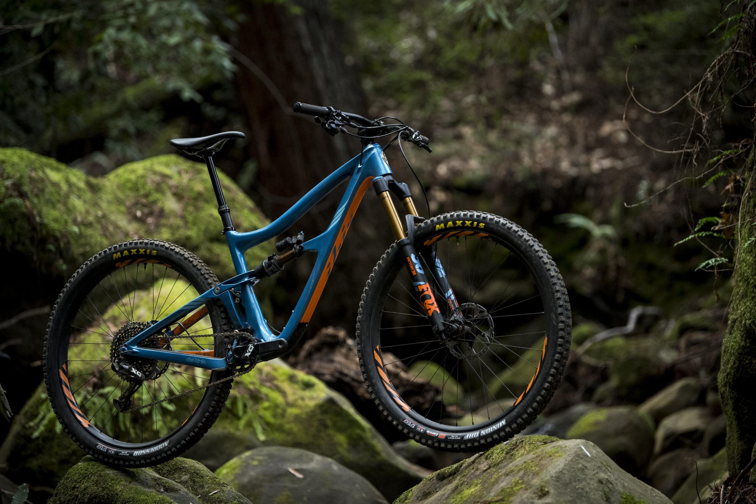 Ibis RipMo: A blue and orange mountain bike is positioned on moss-covered rocks in a forested area. The bike features a full suspension setup, rugged tires labeled "MAXXIS," and is surrounded by greenery, highlighting an outdoor adventure setting.