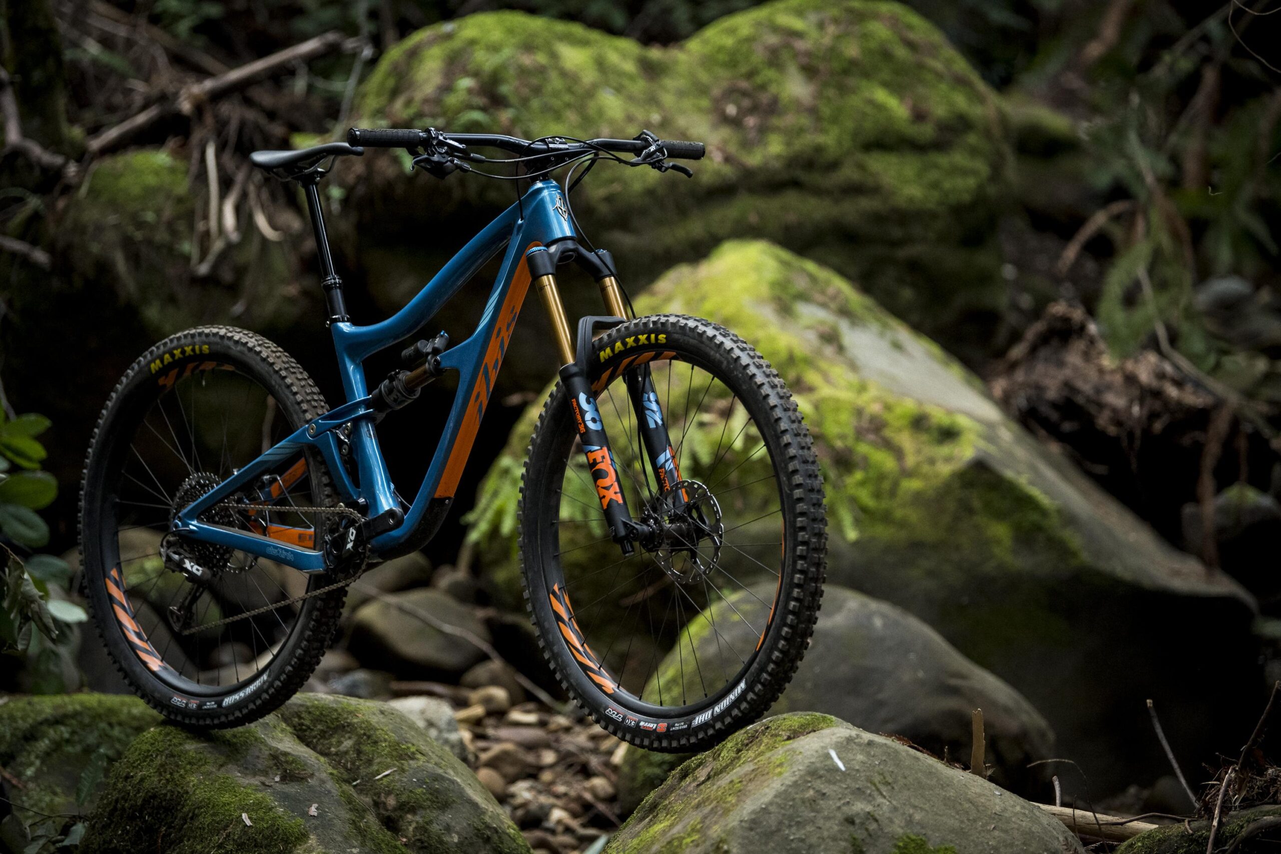 Ibis RipMo: A blue and orange mountain bike is positioned on large moss-covered rocks in a forested setting. The bike features high-performance components, including Maxxis tires and a Fox fork, with lush greenery and blurred background elements enhancing the natural environment.