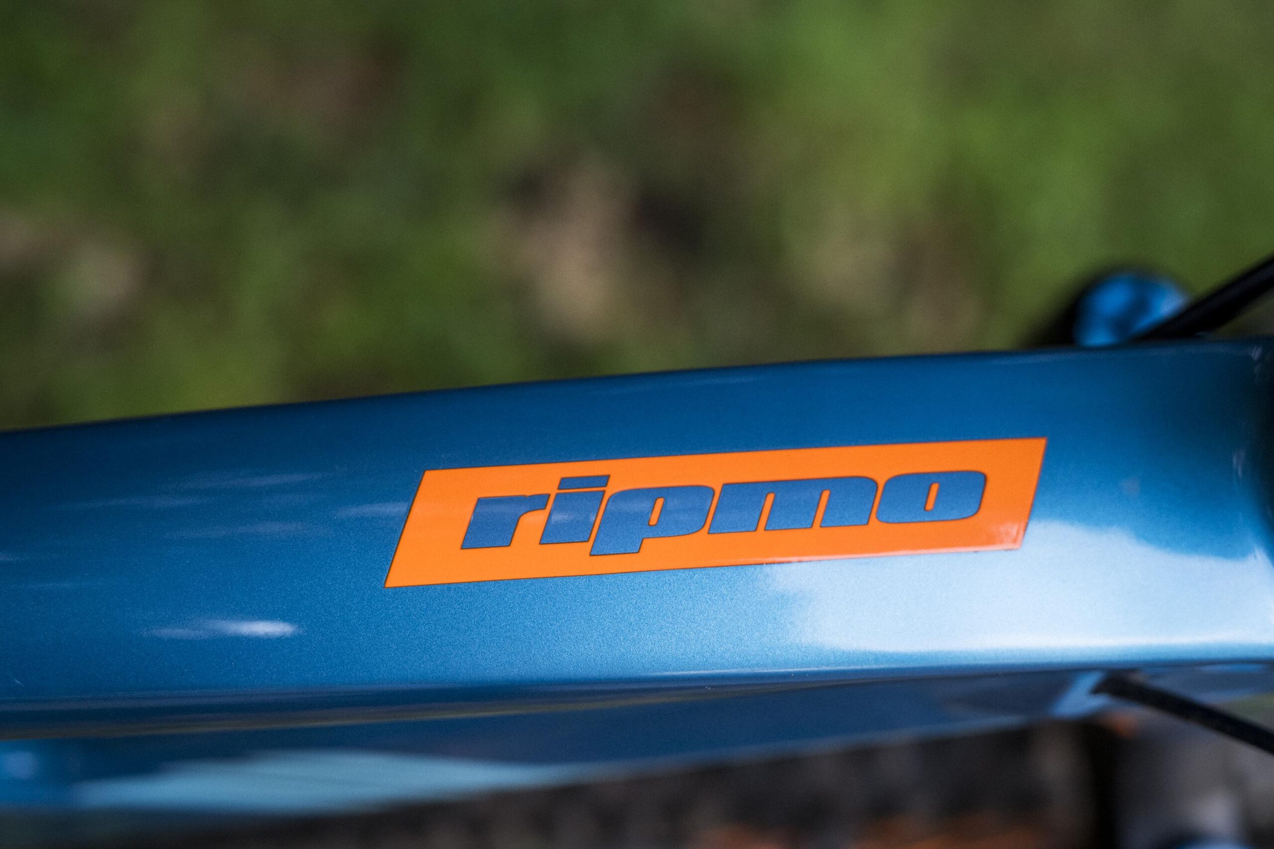 Ibis RipMo: Close-up of a blue bicycle frame with an orange "ripmo" logo prominently displayed. The background features a blurred green grass surface.