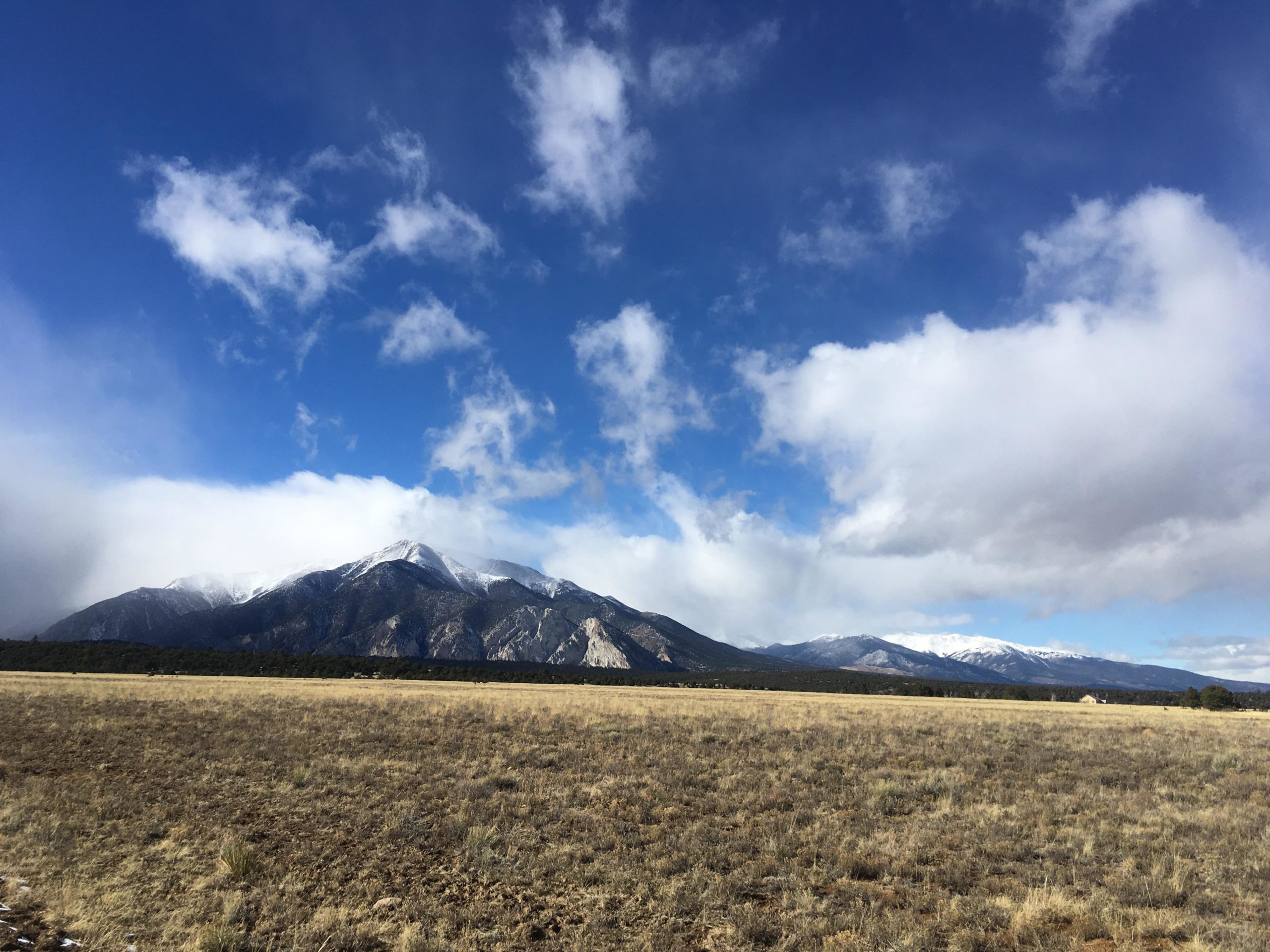 A panoramic view of a mountain range under a partly cloudy blue sky. The foreground features a grassy field, while the distant mountains are capped with snow, indicating a cold climate. Browns Creek Road / #272 mountain bike trail.