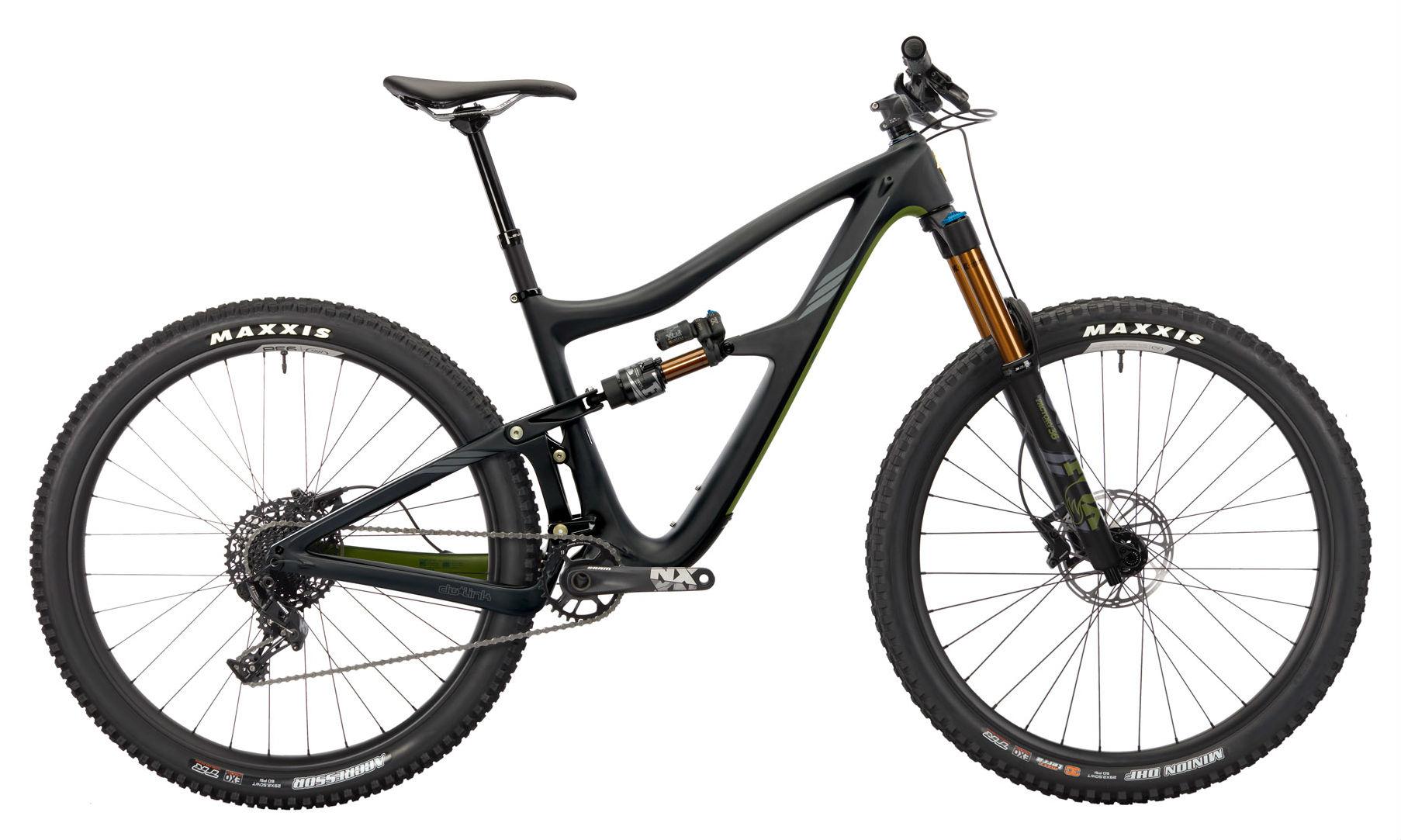Ibis RipMo: An advanced mountain bike with a sleek black frame featuring green accents, equipped with high-performance components. It has a full suspension system, large Maxxis tires, and a modern design suitable for off-road cycling.