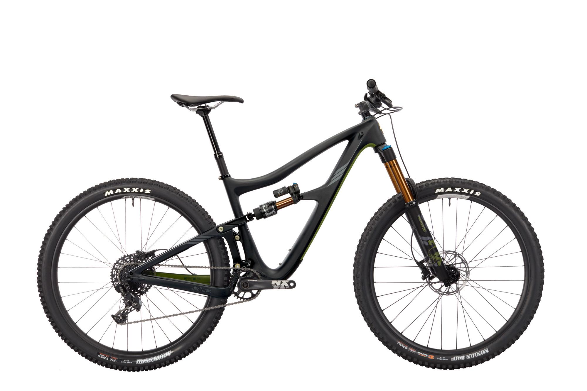Ibis RipMo: A modern mountain bike with a sleek black frame and green accents, featuring front and rear suspension, wide tires with Maxxis branding, and a dropper seat post. The bike is shown on a white background, emphasizing its design and components.