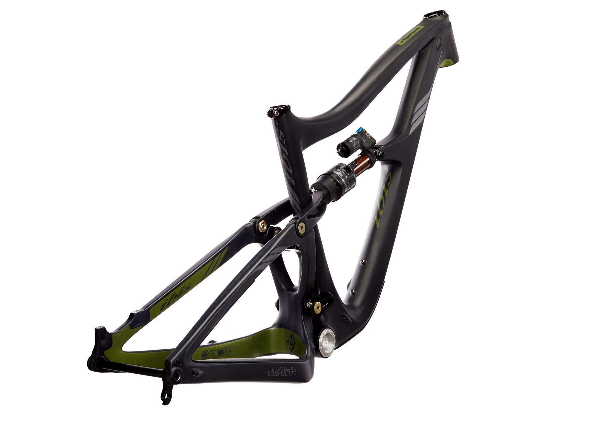 Ibis RipMo: A black and green mountain bike frame, showcasing a sleek design with visible suspension components. The frame features geometric accents and branding, highlighting its sporty appearance. The background is plain white, emphasizing the bike frame's details and structure.
