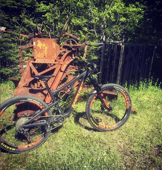 Santa Cruz Bronson C: A black and orange mountain bike is parked on a grassy area in front of a rusted, vintage agricultural machine. Green foliage surrounds the scene, creating a contrast between the vibrant bike and the weathered machinery. A black gate is visible in the background, adding to the rustic setting.