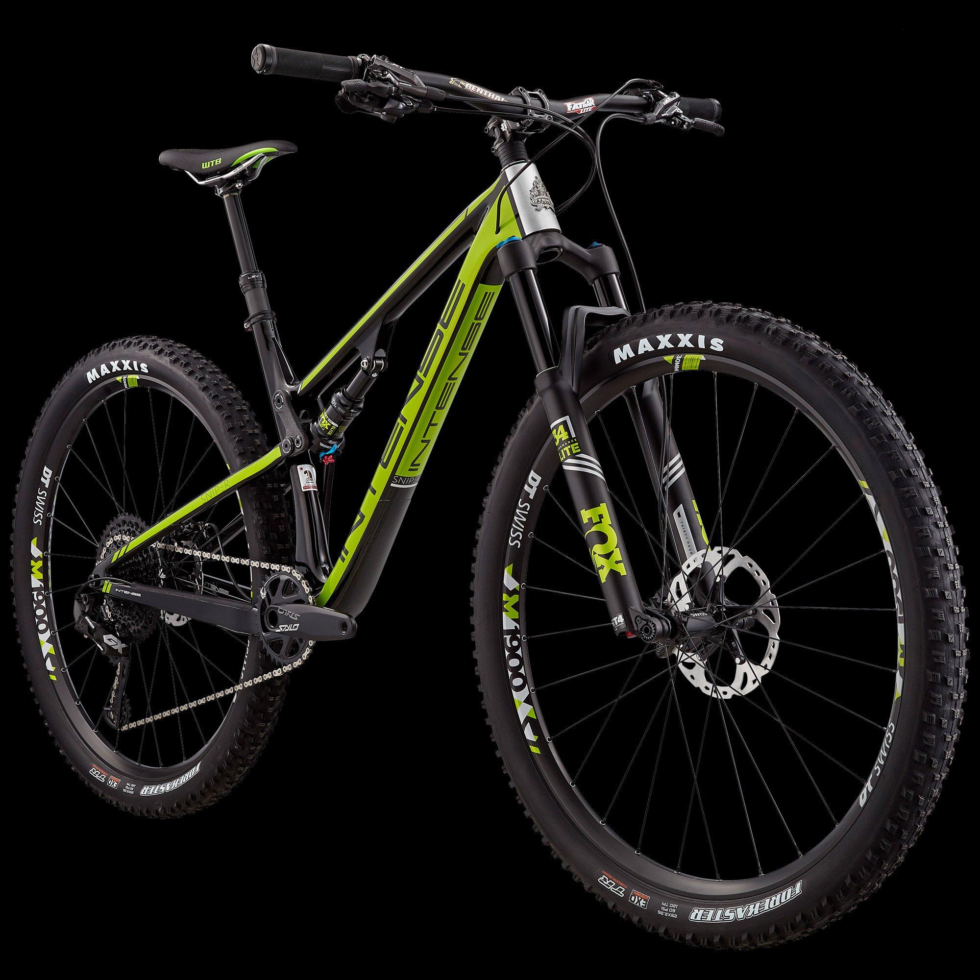 Intense Sniper Trail: A sleek mountain bike featuring a striking black and bright green color scheme. The bike has a lightweight frame, high-performance suspension fork, and rugged tires suitable for off-road riding. It is positioned against a black background, highlighting its design and details.
