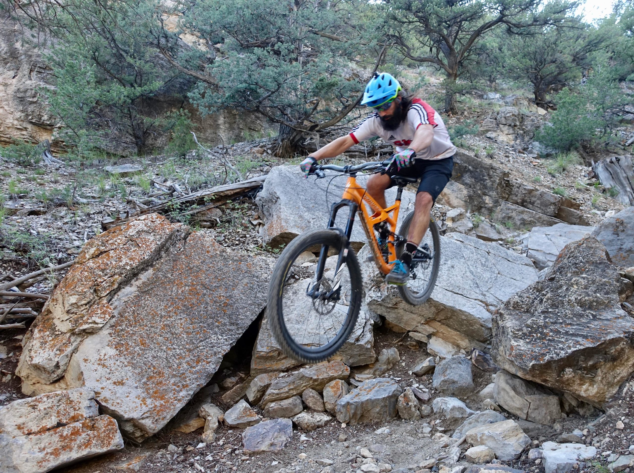 A mountain biker in a blue helmet performs a jump over rocky terrain surrounded by trees and shrubs. The biker is wearing a light-colored shirt and shorts, showcasing an orange mountain bike as he navigates the rugged trail. Cottonwood mountain bike trail.