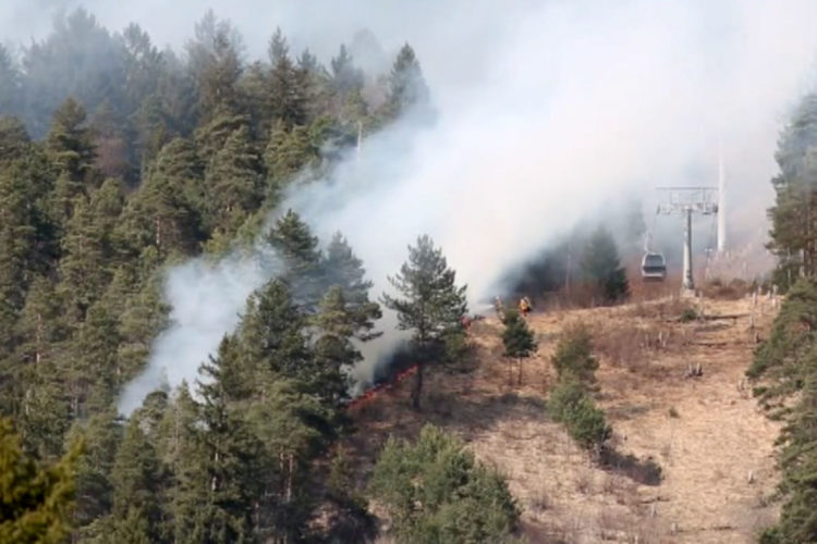 A mountainous landscape with smoke rising from a forest fire, partially obscuring the trees. In the background, a ski lift can be seen operating amidst the smoke and greenery. The ground shows areas of burnt foliage, indicating the presence of the fire.