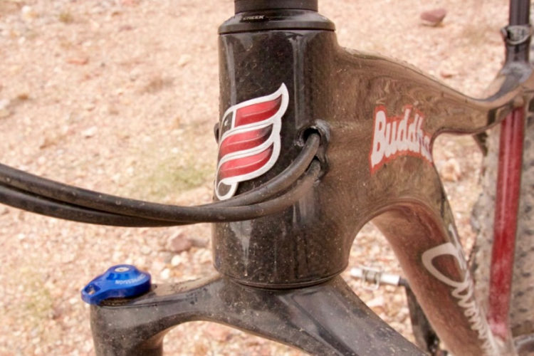 Close-up of a mountain bike's head tube featuring a logo, black carbon fiber finish, and a blue adjustment knob. The background shows a rocky terrain.