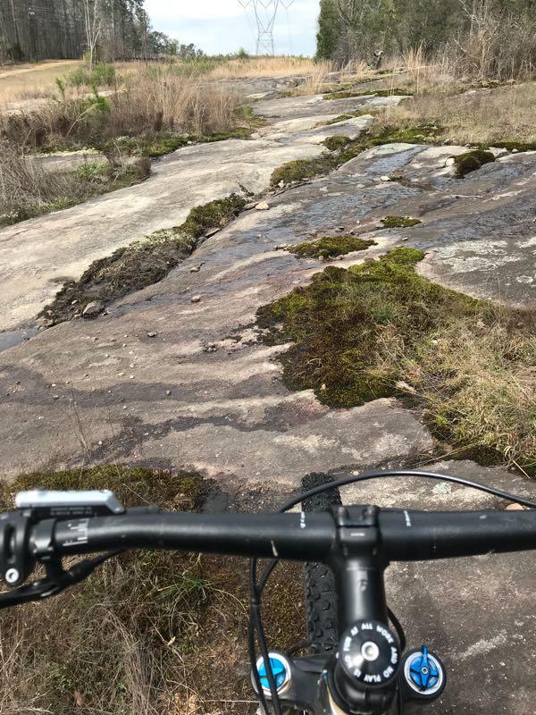 A close-up view of a mountain bike handlebar, with a rocky, moss-covered trail stretching ahead. The environment features dry grasses and patches of green vegetation, set against a backdrop of tall trees and a power line in the distance. The image captures the perspective of a rider about to navigate the rugged terrain. Clinton Nature Preserve mountain bike trail.